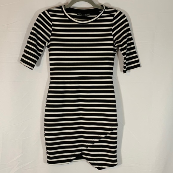 Topshop Petite Black & White Striped Mini Asymmetrical Dress - Picture 1 of 8